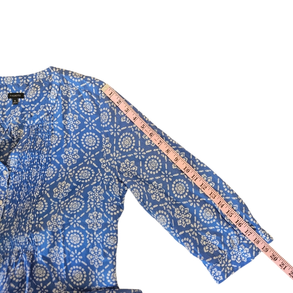 Talbots Women's Patterned Button Up Blouse Size XL Pleated Blue White 3/4 Sleeve - Picture 12 of 12